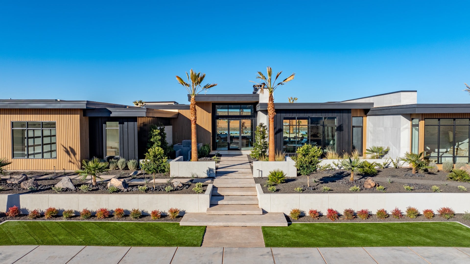 Modern entry, palms & landscaping