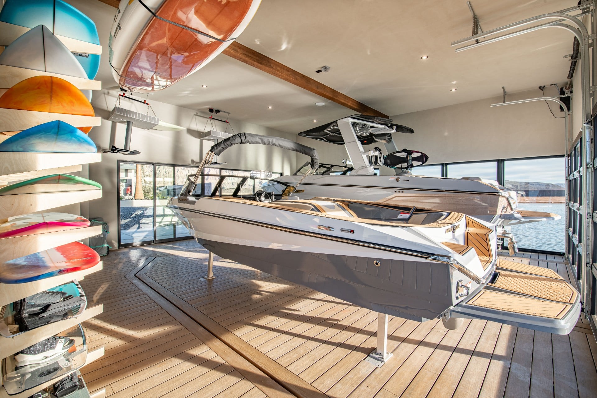 Boathouse interior — boat & board storage