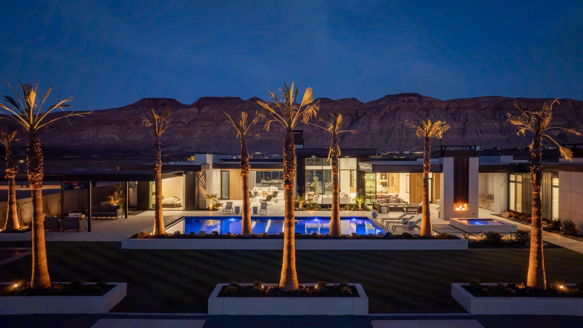 Lake House pool and palms at twilight